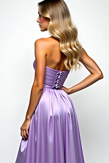 Purple Strapless Ruched Long Prom Dress with Slit