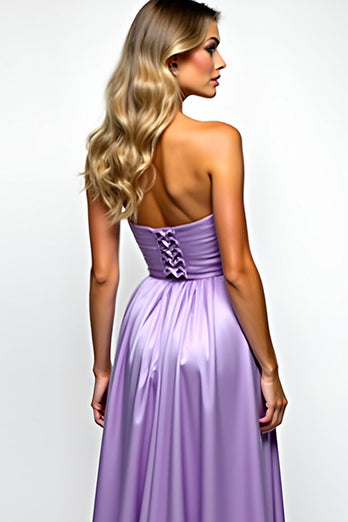 Purple Strapless Ruched Long Prom Dress with Slit