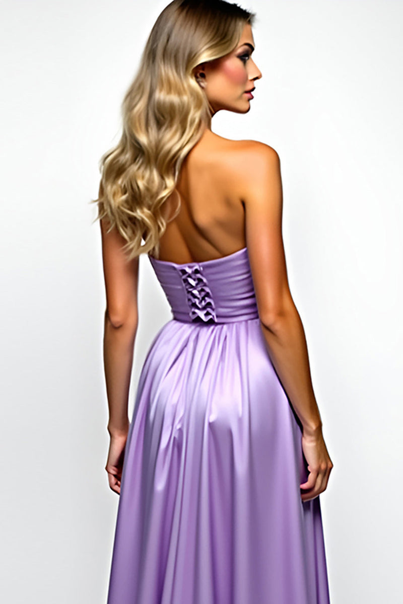 Load image into Gallery viewer, Purple Strapless Ruched Long Prom Dress with Slit