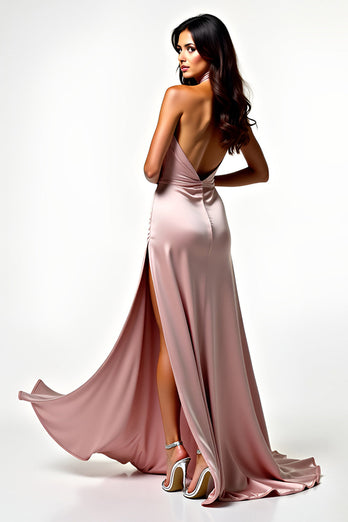 Halter Neck Blush Backless Long Prom Dress with Slit