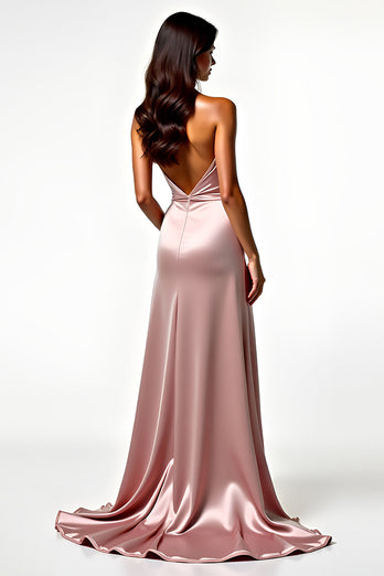 Halter Neck Blush Backless Long Prom Dress with Slit