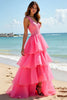 Load image into Gallery viewer, Hot Pink A Line Beaded Tiered Long Prom Dress