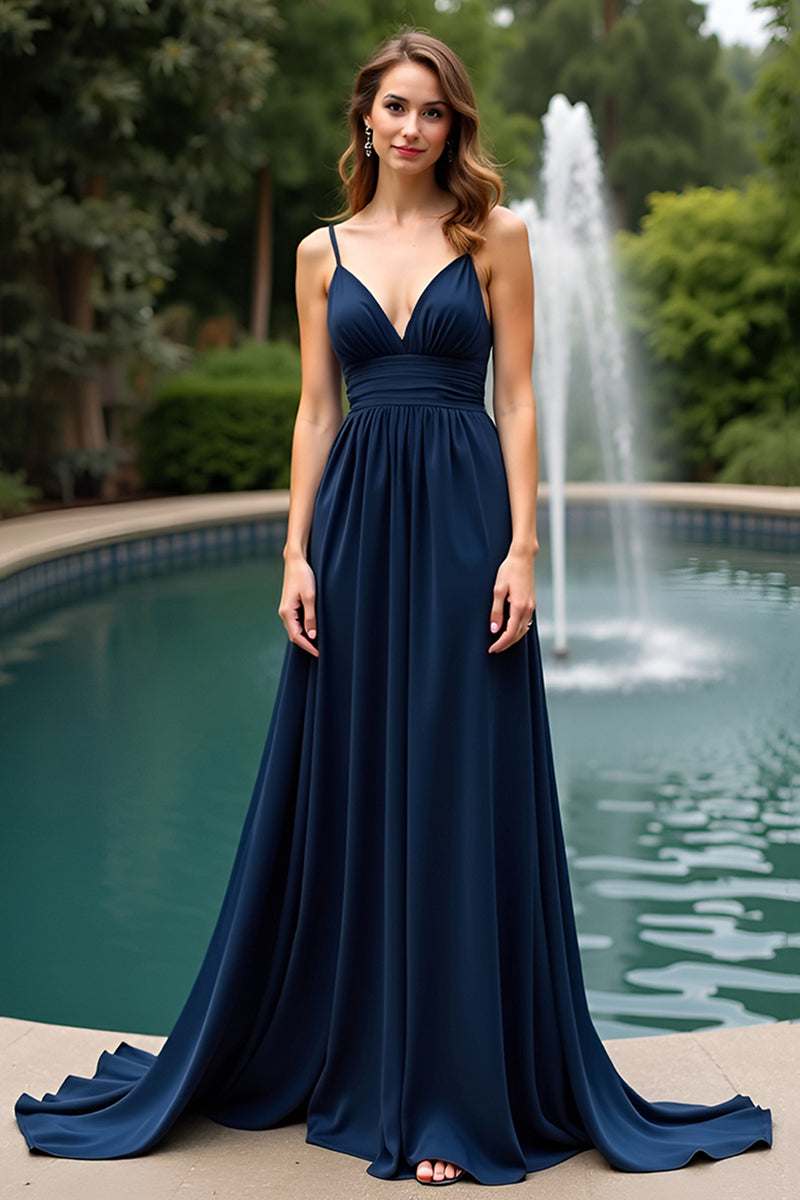 Load image into Gallery viewer, Navy A Line Long Chiffon Wedding Guest Dress