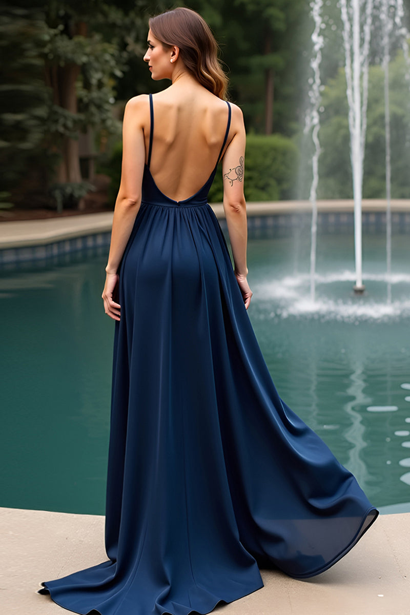 Load image into Gallery viewer, Navy A Line Long Chiffon Wedding Guest Dress