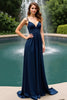 Load image into Gallery viewer, Navy A Line Long Chiffon Wedding Guest Dress