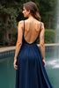 Load image into Gallery viewer, Navy A Line Long Chiffon Wedding Guest Dress