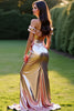 Load image into Gallery viewer, Rose Golden Off the Shoulder Sheath Long Prom Dress with Slit