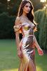 Load image into Gallery viewer, Rose Golden Off the Shoulder Sheath Long Prom Dress with Slit