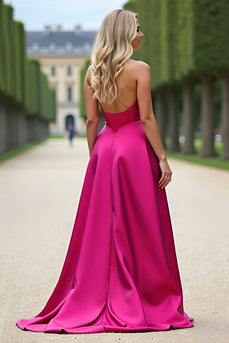 Fuchsia A Line Strapless Long Prom Dress with Slit