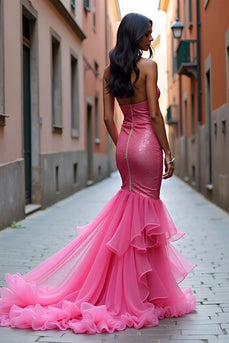 Sparkly Hot Pink Strapless Long Prom Dress with Slit