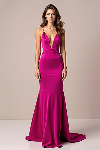 Fuchsia Sheath Deep V-Neck Spaghetti Straps Long Prom Dress