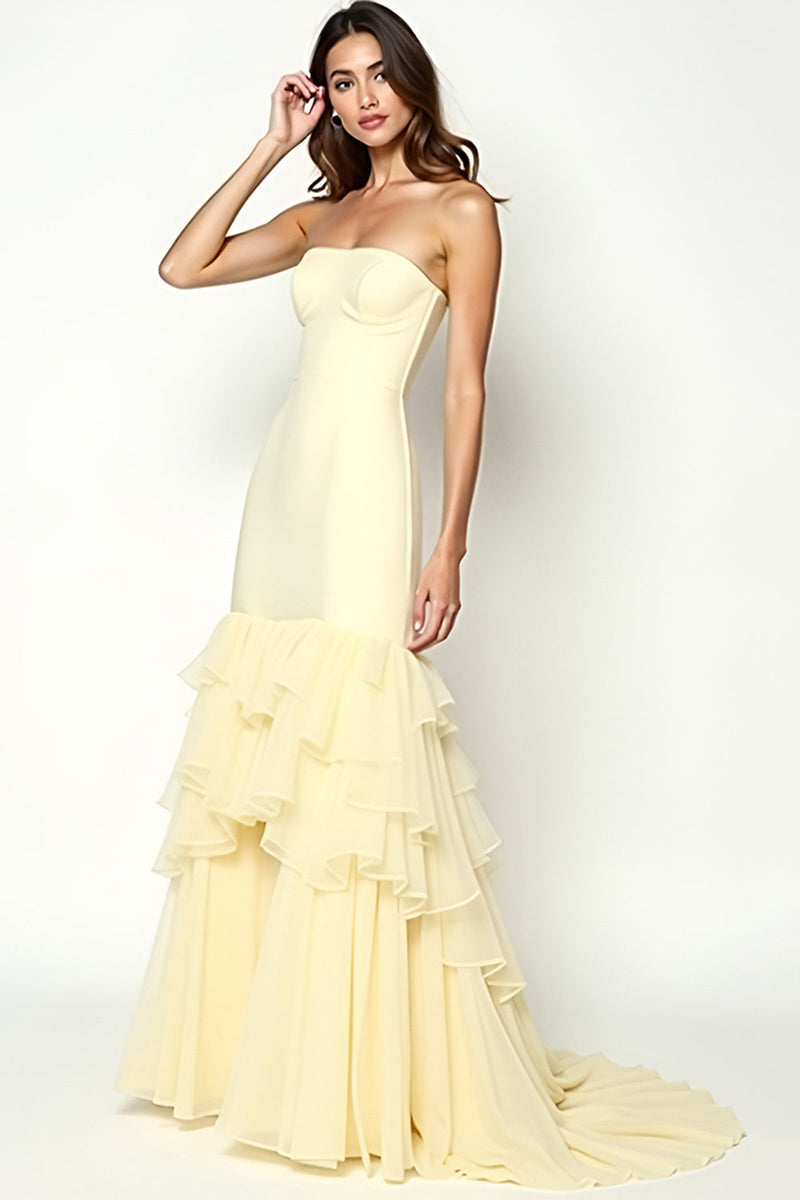 Load image into Gallery viewer, Yellow Strapless Sheath Long Prom Dress with Ruffles