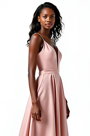 Blush A Line Spaghetti Straps Long Satin Wedding Guest Dress