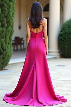 Fuchsia Spaghetti Straps Square Neck Long Prom Dress with Slit