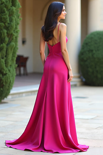 Fuchsia Spaghetti Straps Square Neck Long Prom Dress with Slit