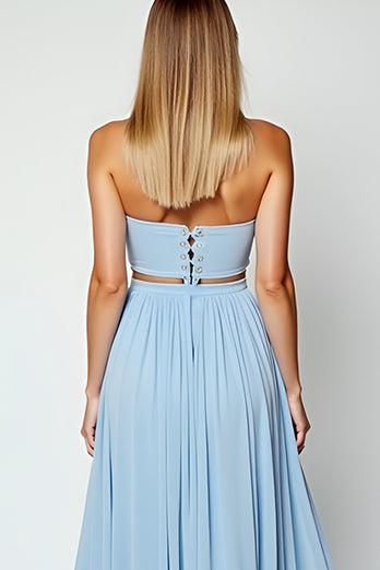 Blue Strapless Cut-Out Long Wedding Guest Dress with Slit