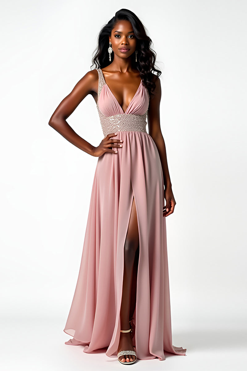 Load image into Gallery viewer, Blush A Line Beaded Long Chiffon Wedding Guest Dress with Slit