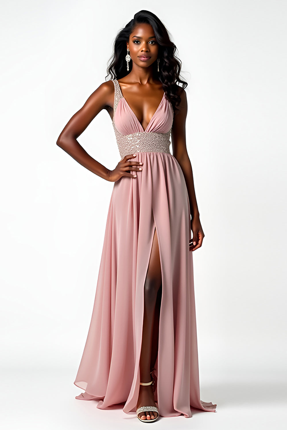 Blush A Line Beaded Long Chiffon Wedding Guest Dress with Slit