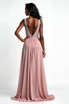 Blush A Line Beaded Long Chiffon Wedding Guest Dress with Slit