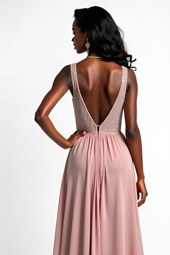 Blush A Line Beaded Long Chiffon Wedding Guest Dress with Slit