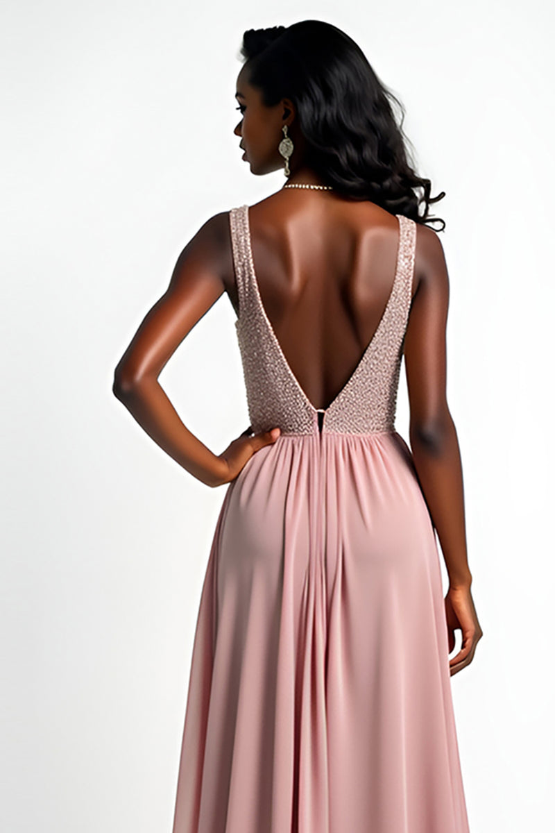 Load image into Gallery viewer, Blush A Line Beaded Long Chiffon Wedding Guest Dress with Slit