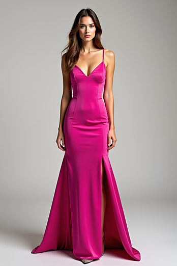 Satin Fuchsia V-Neck Long Prom Dress with Slit