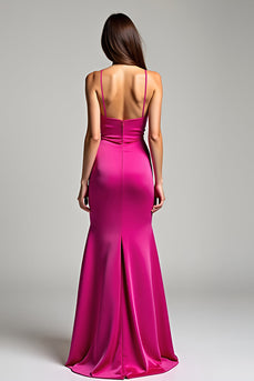 Satin Fuchsia V-Neck Long Prom Dress with Slit