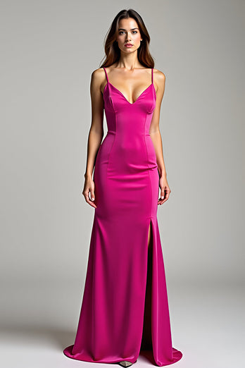 Satin Fuchsia V-Neck Long Prom Dress with Slit