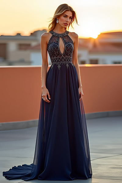 Navy A Line Keyhole Beaded Halter Long Formal Dress