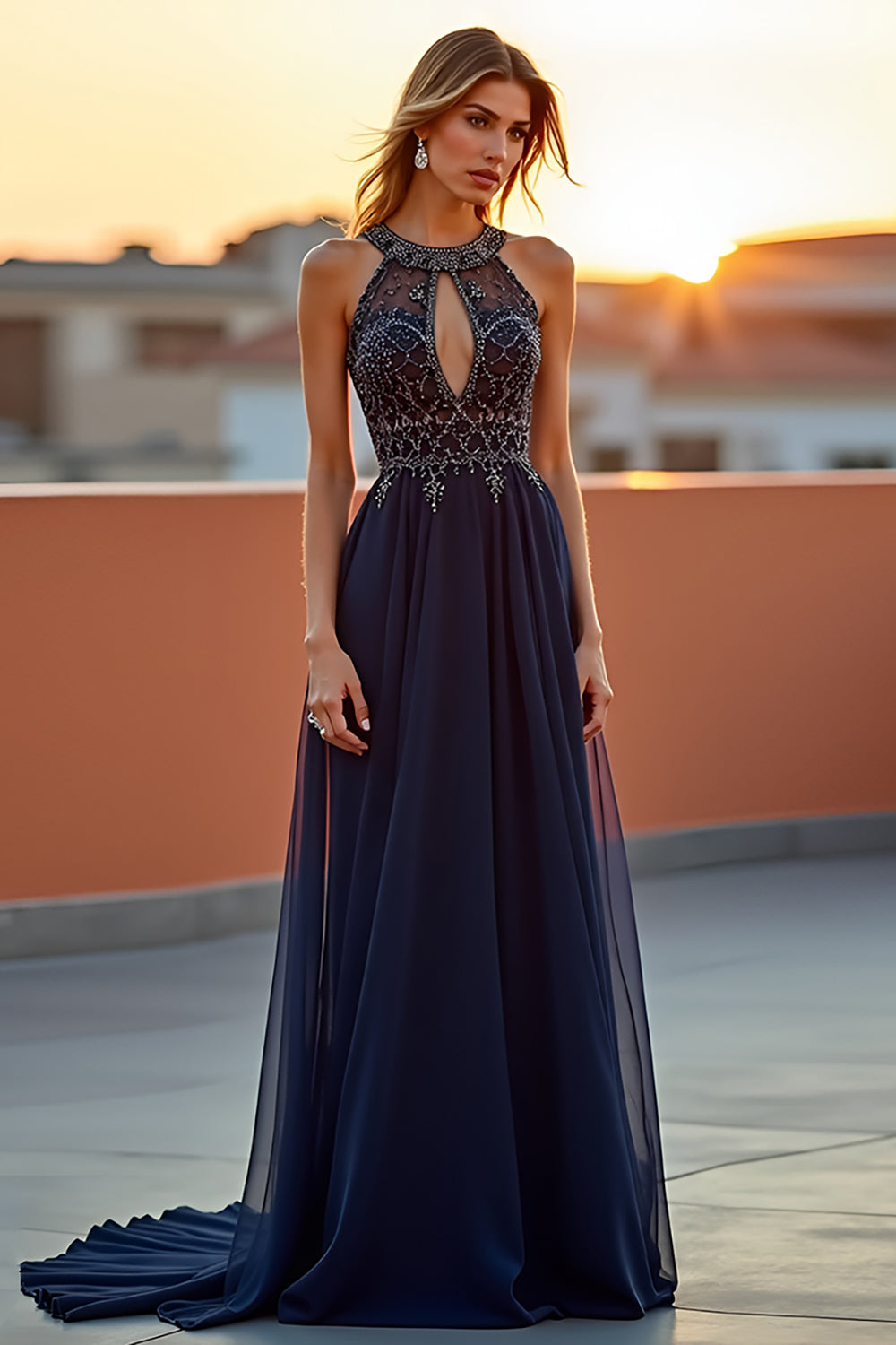 Navy A Line Keyhole Beaded Halter Long Formal Dress