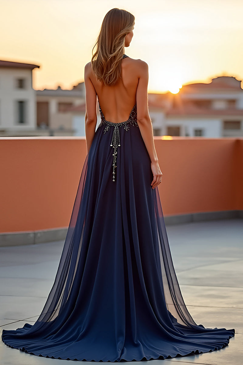 Load image into Gallery viewer, Navy A Line Keyhole Beaded Halter Long Formal Dress