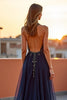 Load image into Gallery viewer, Navy A Line Keyhole Beaded Halter Long Formal Dress