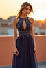 Load image into Gallery viewer, Navy A Line Keyhole Beaded Halter Long Formal Dress