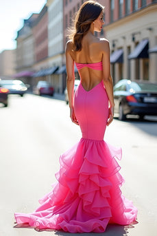 Strapless Mermaid Fuchsia Sheath Long Prom Dress with Ruffles