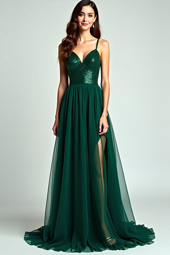 Dark Green A Line Tulle Long Formal Dress with Slit