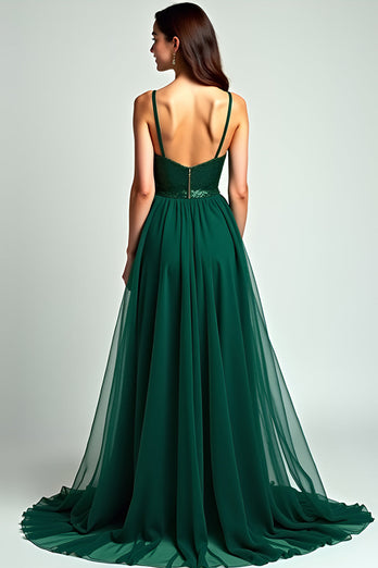 Dark Green A Line Tulle Long Formal Dress with Slit