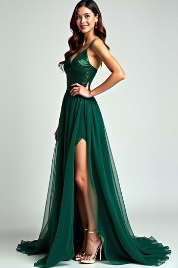 Dark Green A Line Tulle Long Formal Dress with Slit