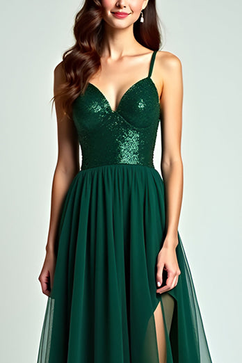 Dark Green A Line Tulle Long Formal Dress with Slit