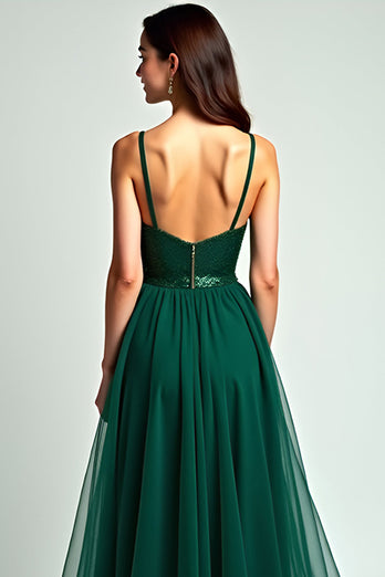 Dark Green A Line Tulle Long Formal Dress with Slit