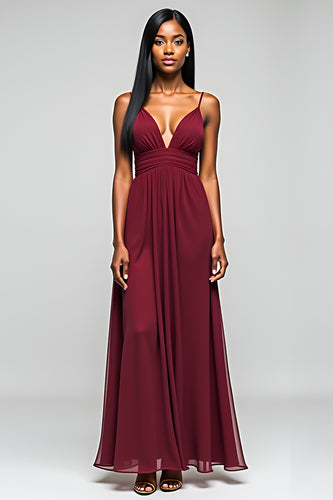 Burgundy Elegant A Line Long Chiffon Bridesmaid Dress