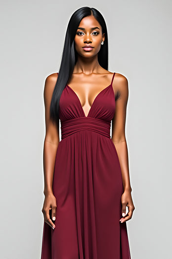 Burgundy Elegant A Line Long Chiffon Bridesmaid Dress