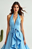 Load image into Gallery viewer, Blue A Line Halter Neck Asymmetrical Prom Dress with Ruffles