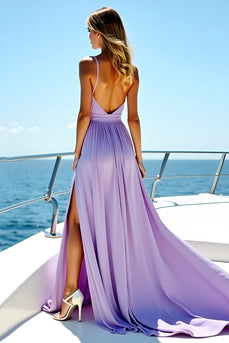 A Line Flowy Lilac Pleated Chiffon Long Bridesmaid Dress with Slit