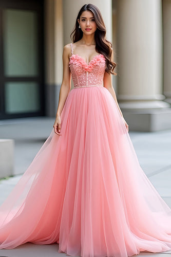 Pink Floral A Line Long Tulle Prom Dress with Beading