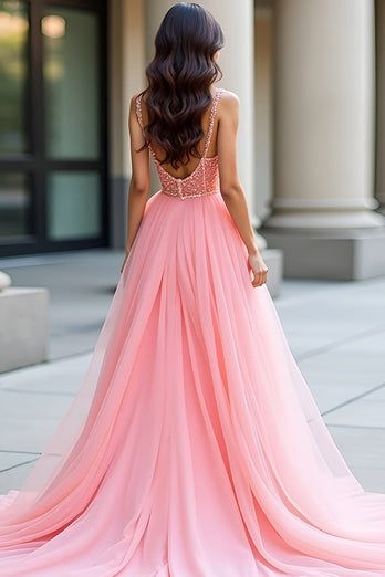 Pink Floral A Line Long Tulle Prom Dress with Beading