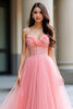 Load image into Gallery viewer, Pink Floral A Line Long Tulle Prom Dress with Beading