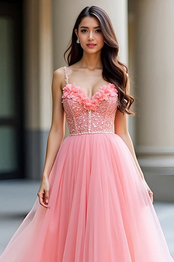 Pink Floral A Line Long Tulle Prom Dress with Beading