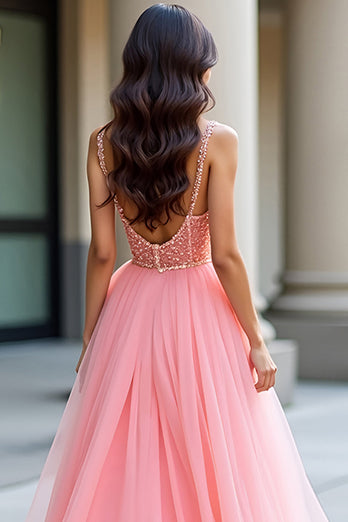 Pink Floral A Line Long Tulle Prom Dress with Beading