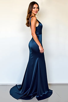 Elegant Navy Deep V-Neck Long Satin Formal Dress with Slit