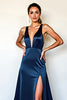 Load image into Gallery viewer, Elegant Navy Deep V-Neck Long Satin Formal Dress with Slit